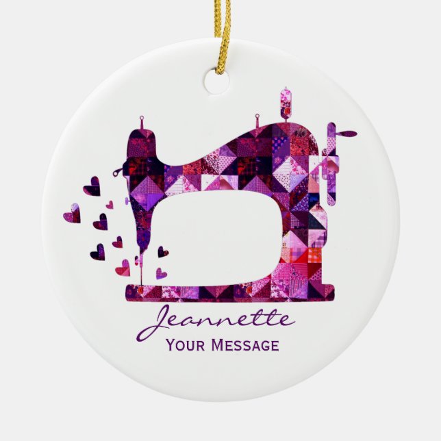 Purple Patchwork Quilt Sewing Machine Ceramic Tree Decoration (Front)