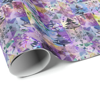 Purple Patchwork Squares Xmas Tree Pattern Wrapping Paper