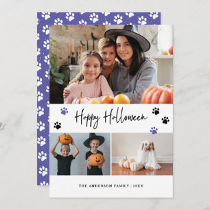 Purple Paw Print Pet Photo Happy Halloween Card