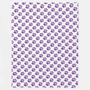 Purple Paw Prints Pattern on White Fleece Blanket