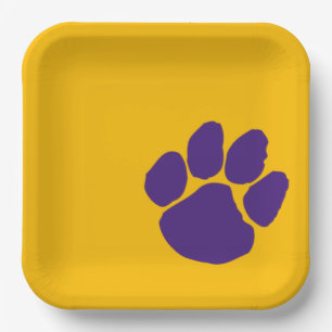 Purple Pawprint on Gold Paper Party Plates