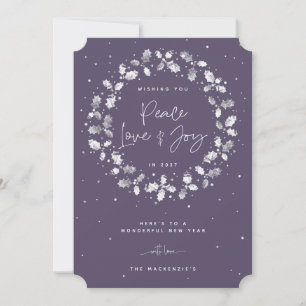 Purple Peace Love + Joy Hand Printed Holly Wreath Holiday Card