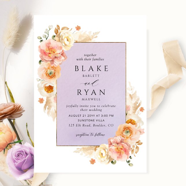 Purple, Peach Blush and Cream Floral Chic Wedding  Invitation (Creator Uploaded)