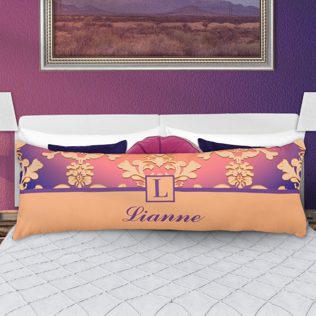 Purple Peach Damask Monogram Personalised Name Body Cushion (Creator Uploaded)