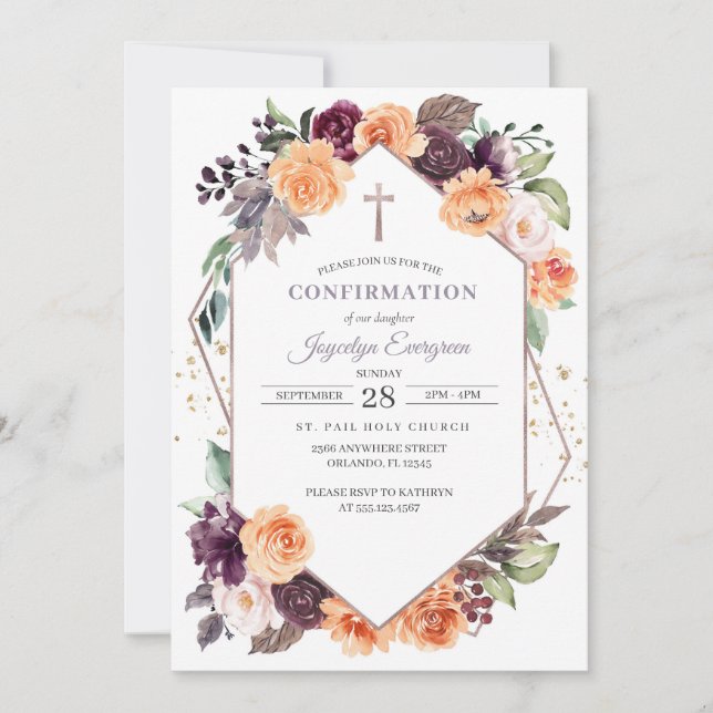 Purple Peach Floral Fall Confirmation Invitation (Front)