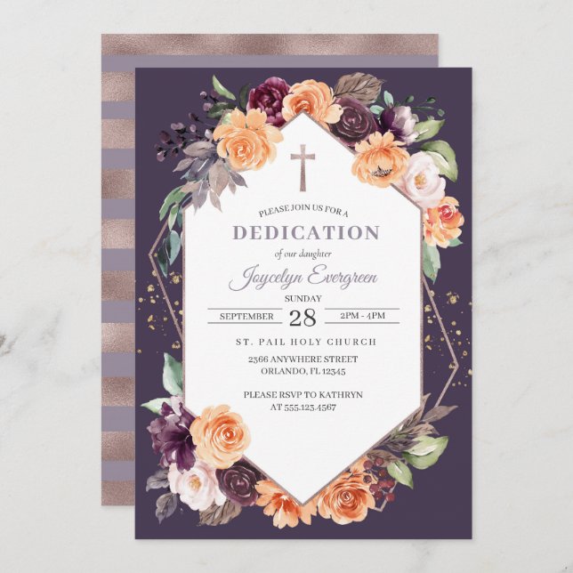 Purple Peach Floral Fall Dedication Invitation (Front/Back)