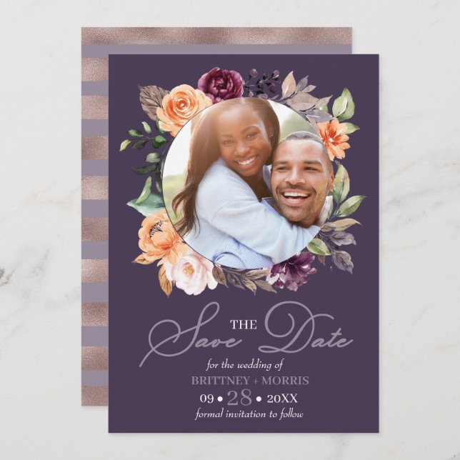 Purple Peach Floral Fall Save The Date Wedding Invitation (Front/Back)