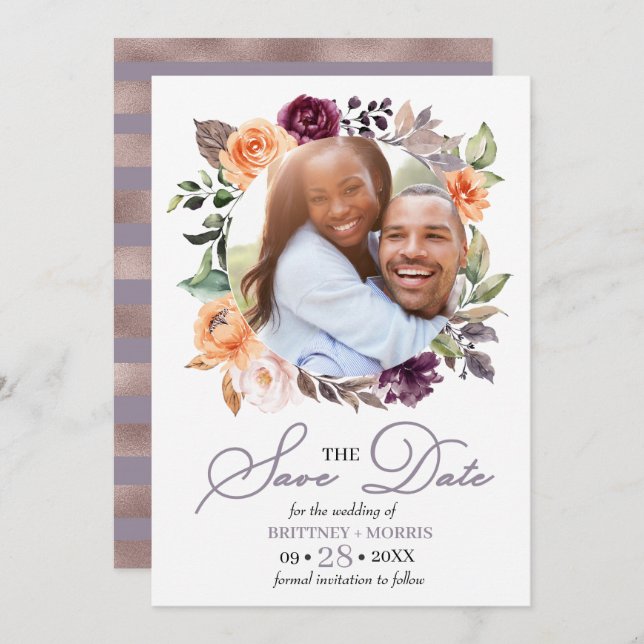 Purple Peach Floral Fall Save The Date Wedding Invitation (Front/Back)