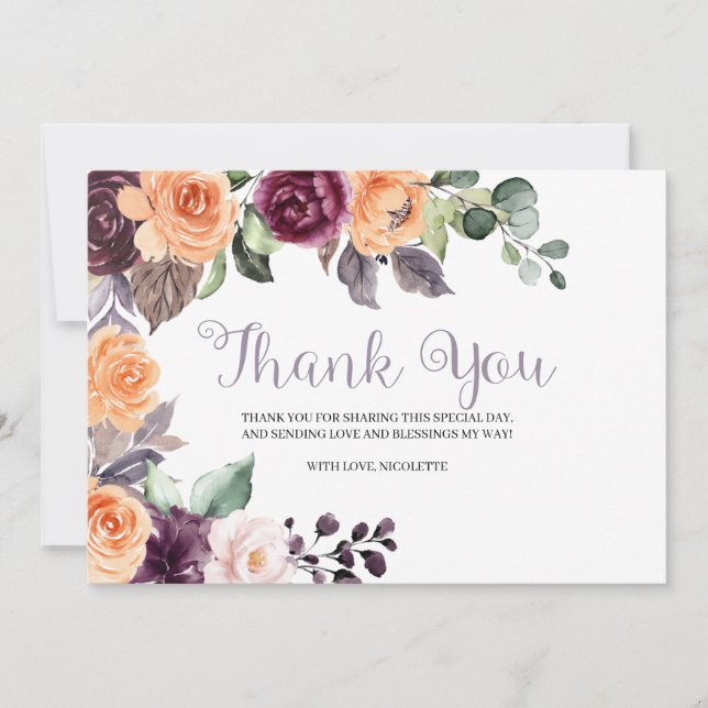 Purple Peach Floral Fall Thank You Card (Front)