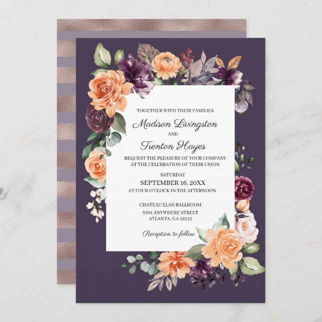 Purple Peach Floral Fall Wedding Invitation (Front/Back)