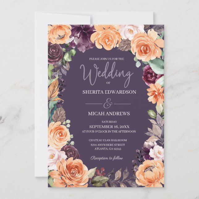 Purple Peach Floral Fall Wedding Invitation (Front)