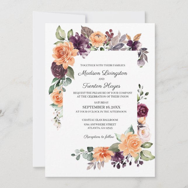 Purple Peach Floral Fall Wedding Invitation (Front)