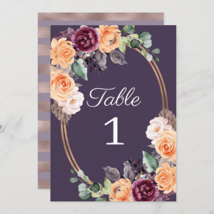 Purple Peach Floral Fall Wedding Table Number