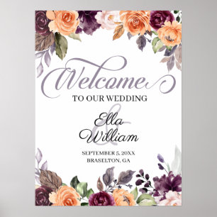 Purple Peach Floral Fall Wedding Welcome Sign