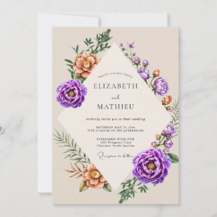 Purple Peach Ranunculus Dusty Eucalyptus Wedding Invitation