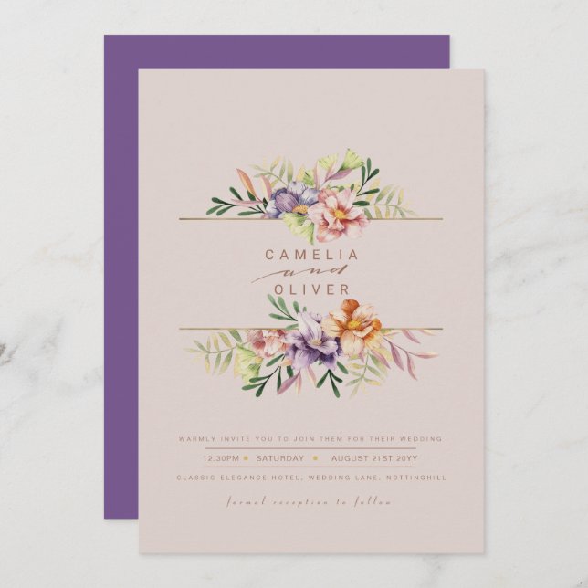 Purple Peach Summer Floral Wedding Invite QR Code (Front/Back)