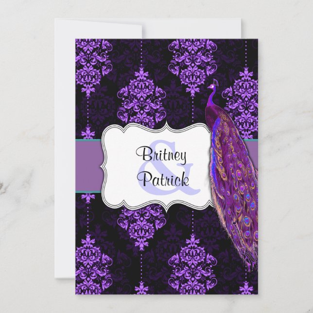 Purple Peacock & Black Damask Wedding Invitations (Front)