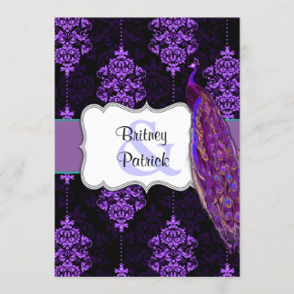 Purple Peacock & Black Damask Wedding Invitations