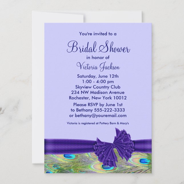 Purple Peacock Bridal Shower Invitation (Front)