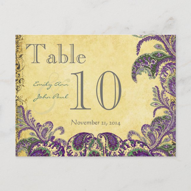 Purple Peacock Colors Paisley Wedding Table Number Postcard (Front)