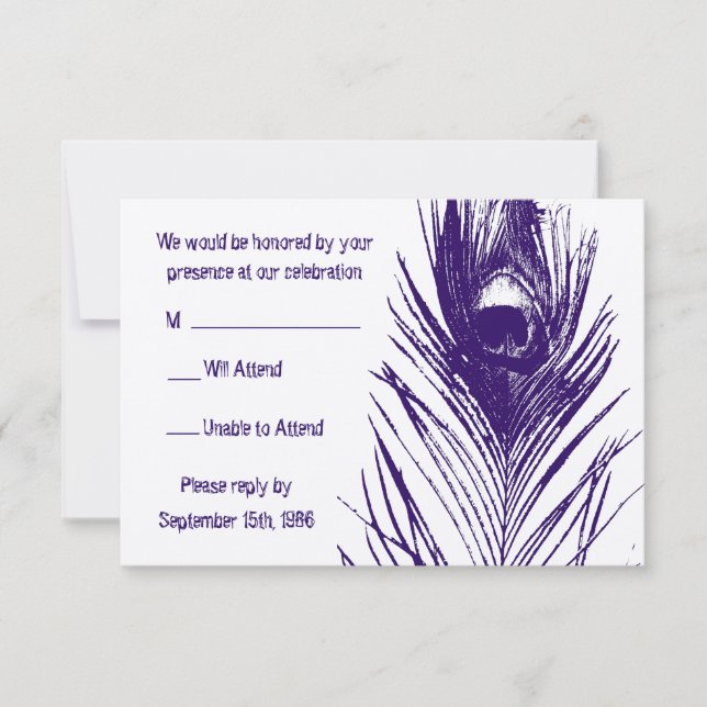 Purple Peacock Feather Wedding RSVP Card (Front)