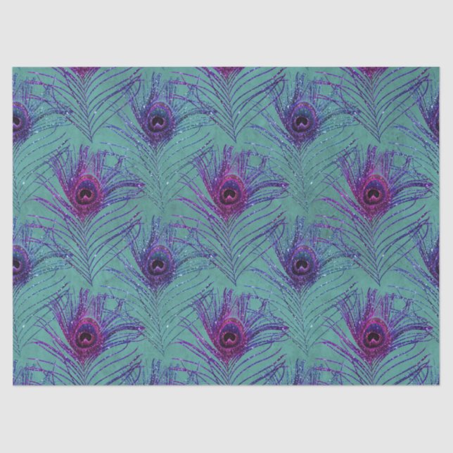 Purple Peacock Feathers on Teal Decoupage Tissue Paper (Front)