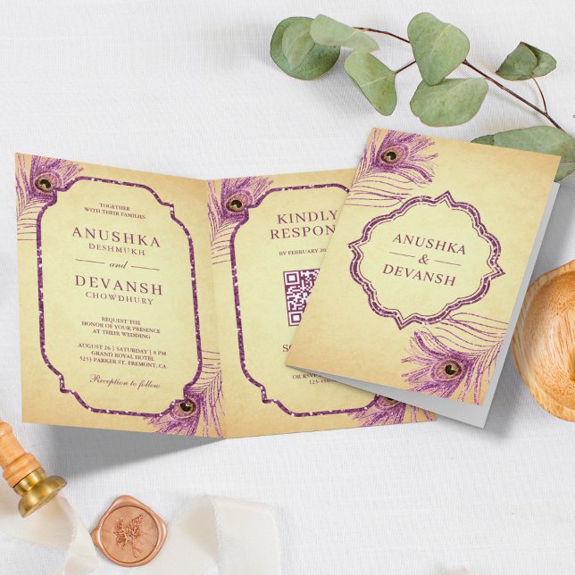 Purple Peacock Feathers QR Code Indian Wedding Invitation (Creator Uploaded)