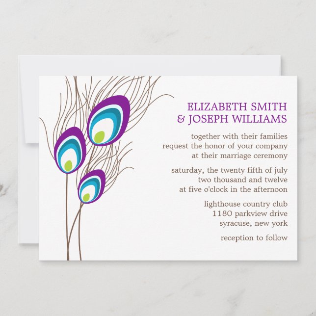 Purple Peacock Feathers Wedding Invitation (Front)