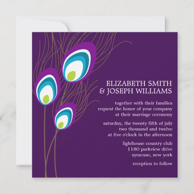 Purple Peacock Feathers Wedding Invitation (Front)