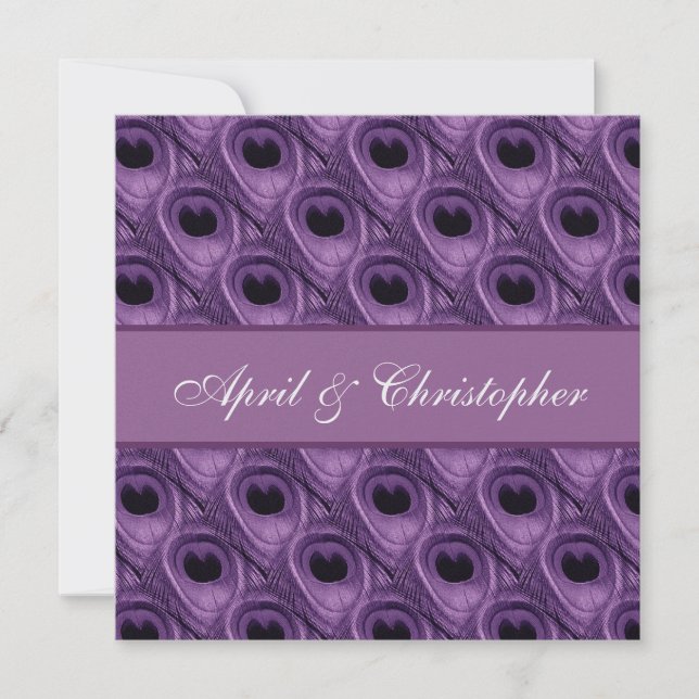 Purple Peacock Feathers Wedding Square Invitation (Front)