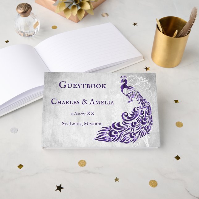 Purple Peacock Leaf Vine Wedding Guestbook (Front Open)