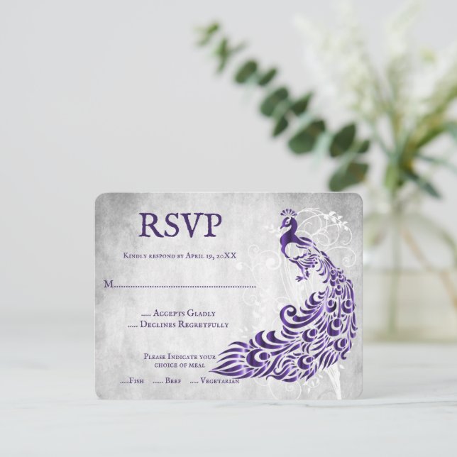 Purple Peacock Leaf Vine Wedding RSVP Card (Standing Front)