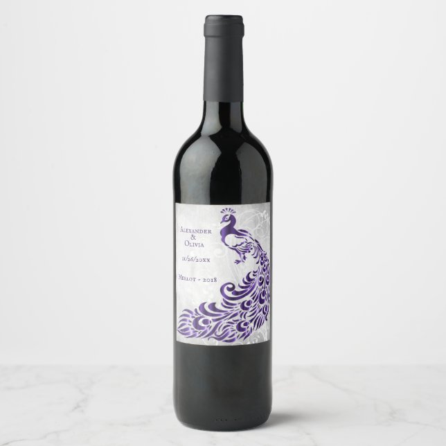 Purple Peacock Leaf Vine Wedding Wine Label (Front)