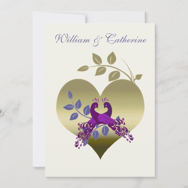 Purple Peacock Love Birds Wedding Invitation (Front)