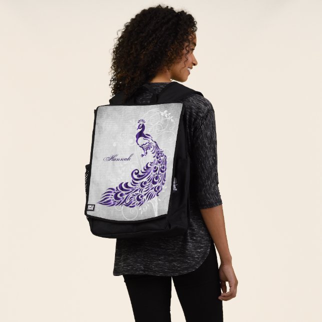 Purple Peacock Personalised Backpack (Worn)