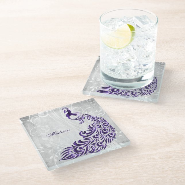 Purple Peacock Personalised Glass Coaster (Angled)