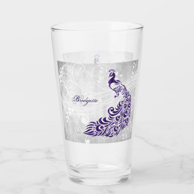 Purple Peacock Personalised Glass Cup (Front)