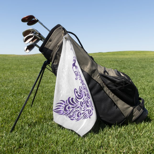 Purple Peacock Personalised Golf Towel (Green)