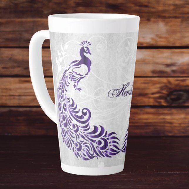 Purple Peacock Personalised Latte Mug (Purple Peacock Personalized Latte Mug)