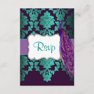 Purple Peacock & Teal Damask Wedding RSVP Cards