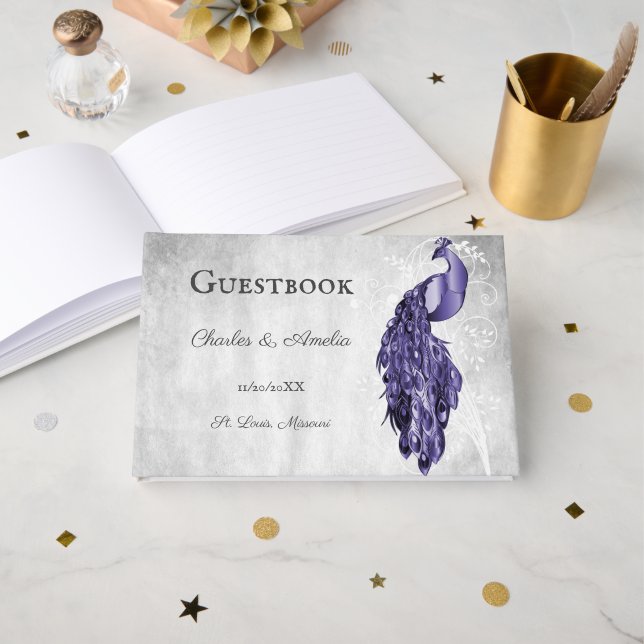 Purple Peacock Wedding Guest Book (Front Open)