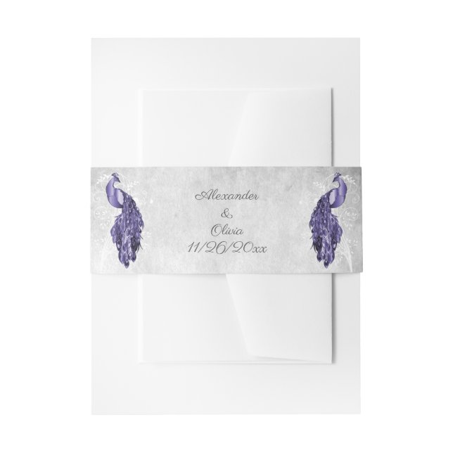 Purple Peacock Wedding Invitation Belly Band (Front Example)