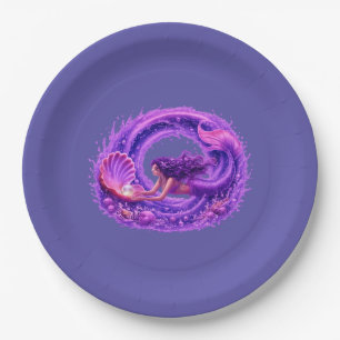 Purple Pearl Seeker Mermaid Fantasy Wave Art Paper Plate
