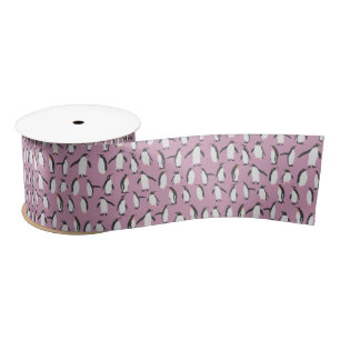 Purple Penguin Pattern Satin Ribbon