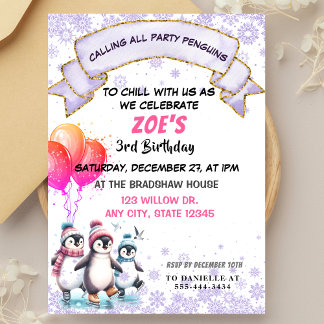 Purple Penguins Ice-skating Birthday Invitation
