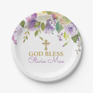 Purple Peonies Baptism Personalized Paper Plates