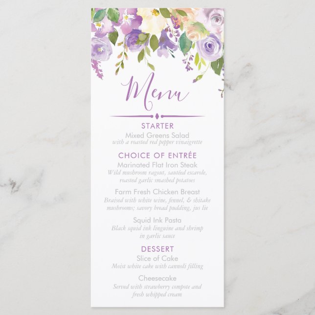 Purple Peonies Bridal Shower Custom Event Menu (Front)