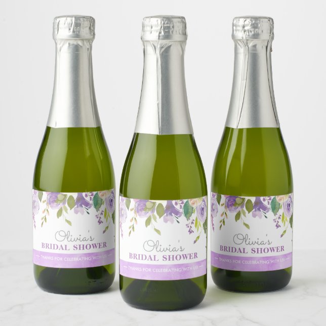 Purple Peonies Bridal Shower Tea Party Mini Sparkling Wine Label (Bottles)