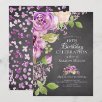 Purple Peonies Floral 16th Birthday  Invitation