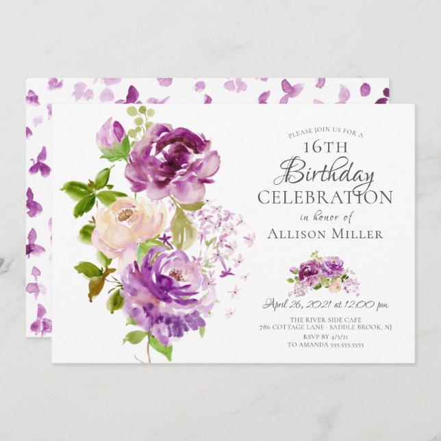 Purple Peonies Floral 16th Birthday  Invitation (Front/Back)
